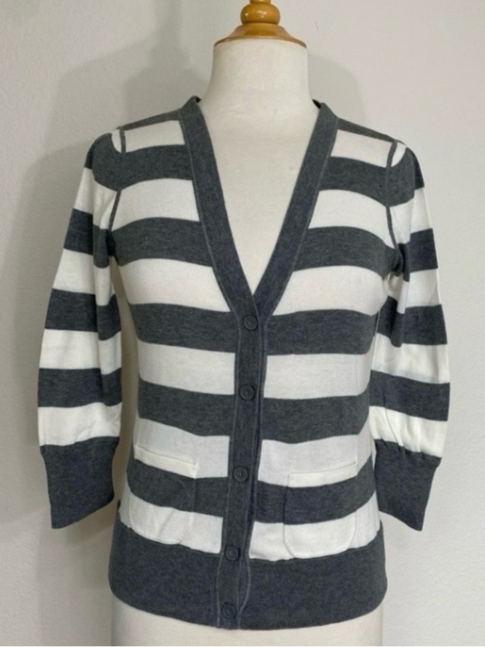 LOFT Womens Gray White Stripe V Neck Button Down Cardigan Classic Preppy Size S